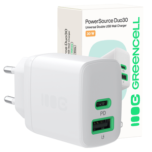 Greencell PowerSource Duo30 polnilec USB/USB-C bel Power Adapter 30W napajalni kabel (CHARB-GC-30AC-W)