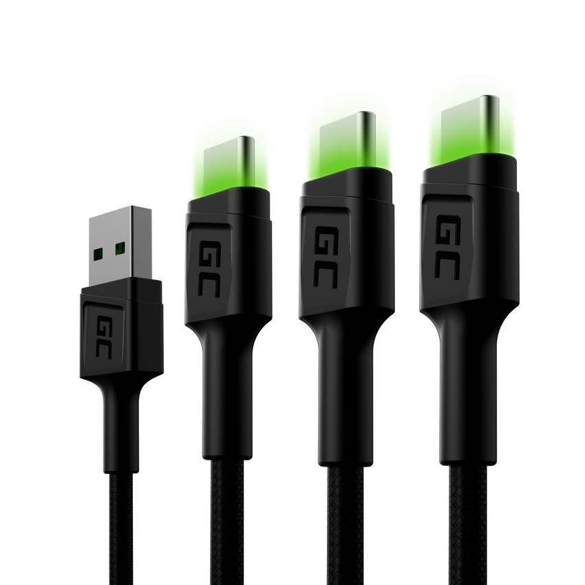 Set 3x Green Cell GC Ray USB-C 120cm kabel with green LED backlight, fast charging Ultra Charge, QC 3.0 (KABGCSET02)