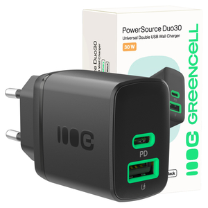 Greencell PowerSource Duo30 polnilec USB/USB-C Black Power Adapter 30W napajalni kabel (CHARB-GC-30AC-B)