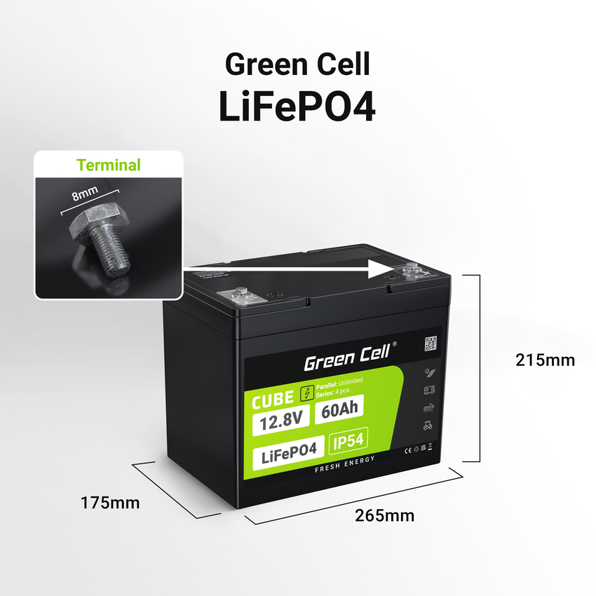 Green Cell CUBE LiFePO4 60Ah 12.8V 768Wh Lithium Iron Phosphate baterija za Electric Motors, Camper, Lifts (LFPGC12V60AH)