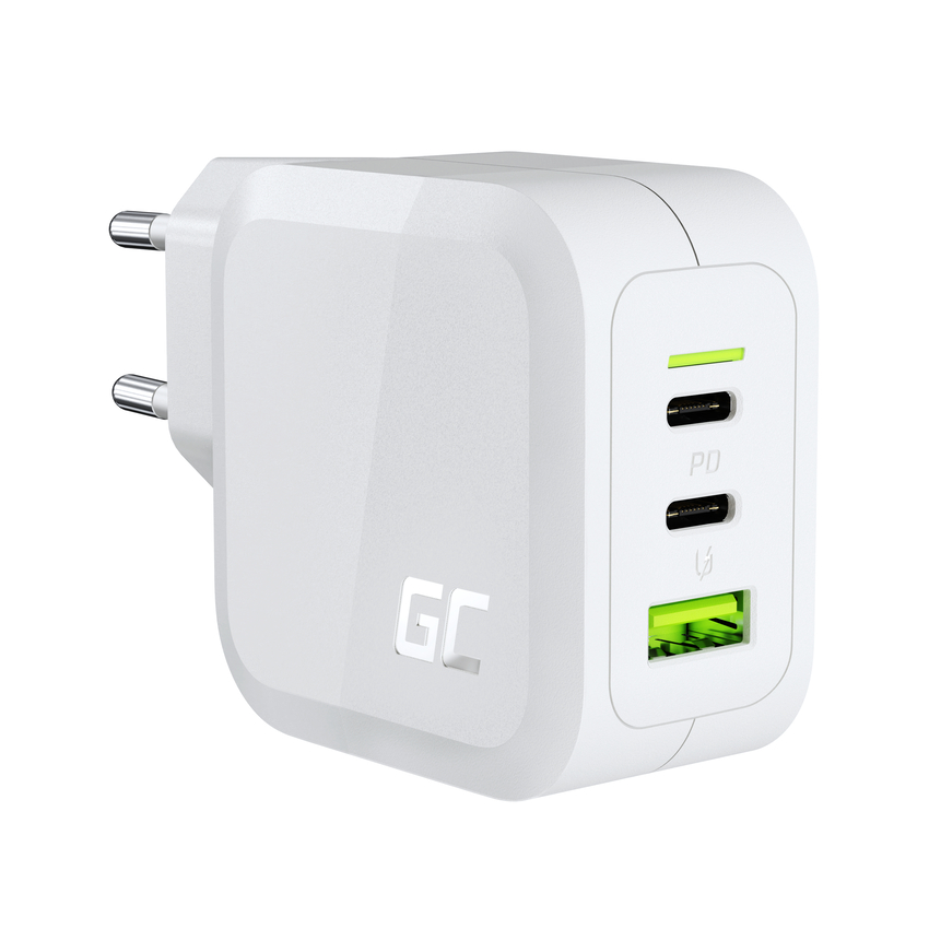 Green Cell bel 65W GaN GC PowerGan mains napajanje za Laptop, MacBook, Phone, Tablet, Nintendo Switch - 2x USB-C, 1x (CHARGC08W)
